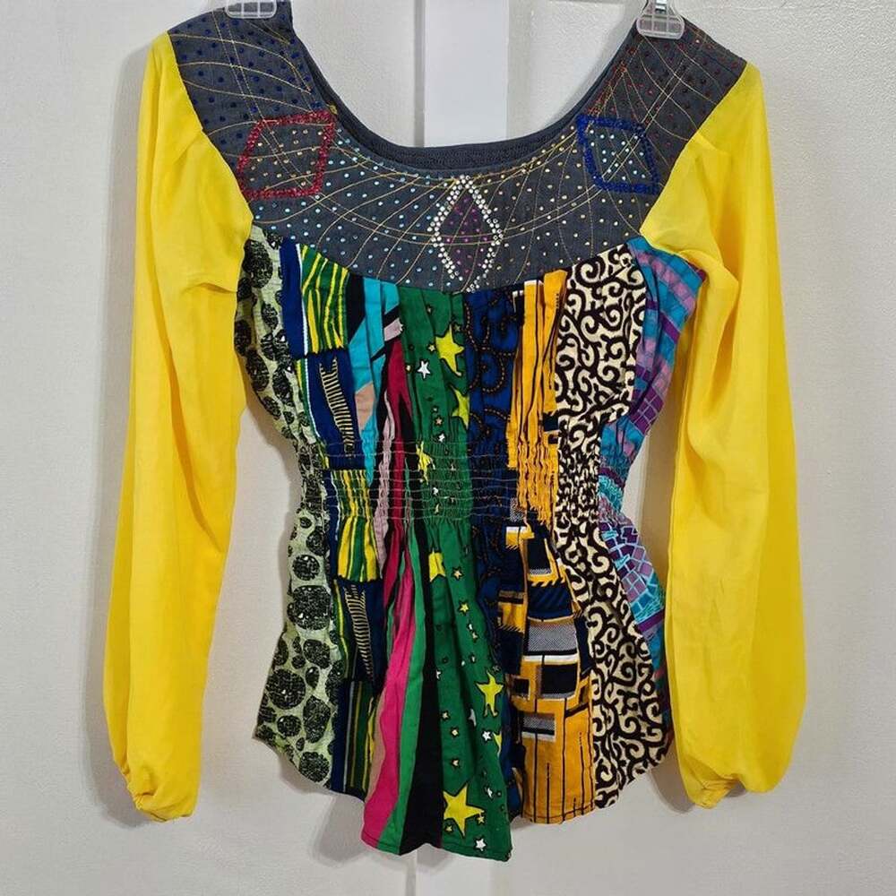 Unbranded Patchwork African Print Rhinestone Peplum Blouse Y2K Boho Statement
